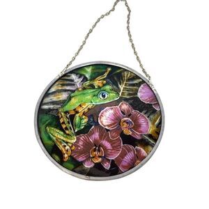 Frog Round Stained Glass Suncatcher 6.25" Green Pink Window